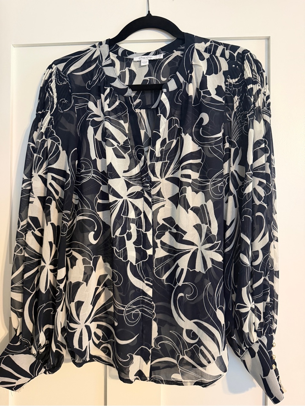 Chico's Navy & White Floral Sheer Blouse